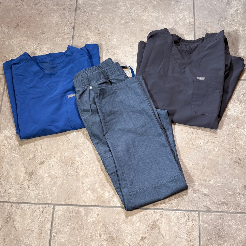 Figs Technical Collection Mens Scrub Set 2 Leon Tops L 1 Cargo Pants M Blue Grey